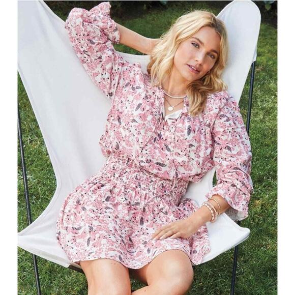 Evereve Roan + Ryan XSmall XS Pink Cream Floral Genevieve Smocked Waist Dress - Picture 13 of 13